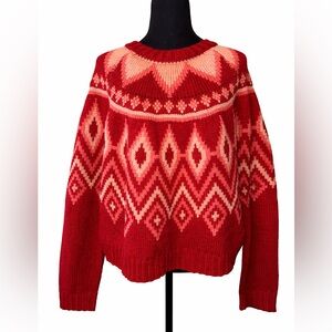 True Craft Red Fair Isle Nordic Crew Neck Sweater XL Cozy Winter Knit‎